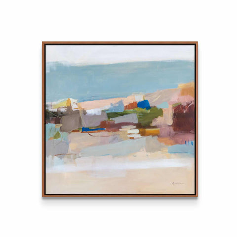 a painting of a landscape with a blue sky in the background