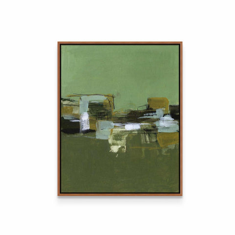a painting of a green landscape with a brown frame