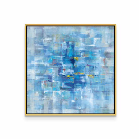 a painting of blue and yellow on a white wall