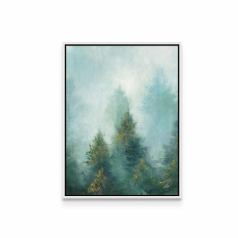 a painting of trees in a foggy forest