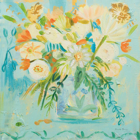 a painting of flowers in a vase on a table
