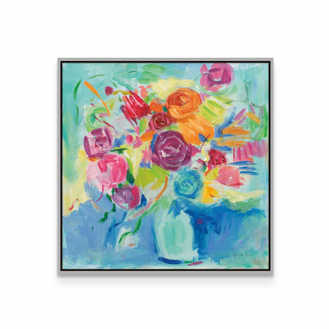 a painting of colorful flowers in a blue vase