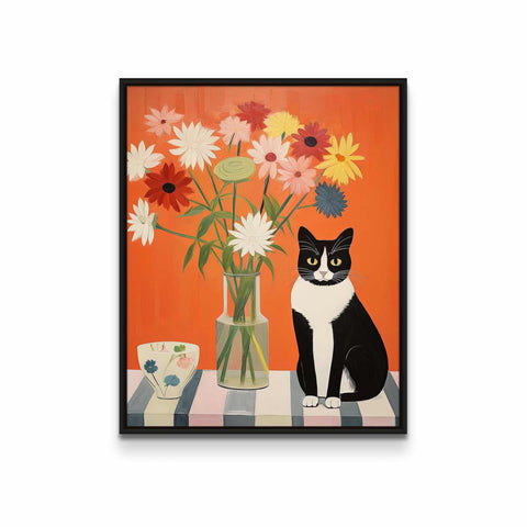 Black Cat with Flowers on Orange