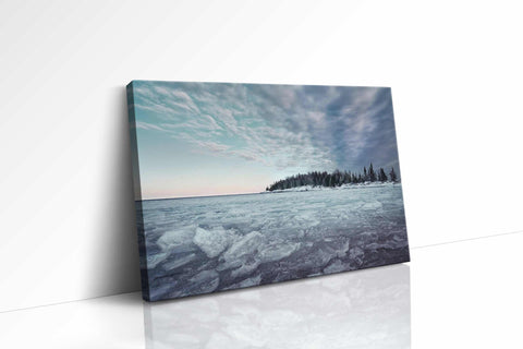 a painting of a lake with trees in the distance