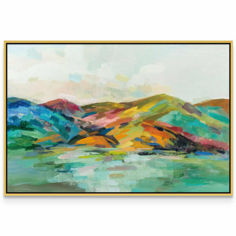 a painting of a mountain range with a lake in the foreground