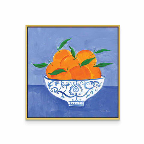 a painting of oranges in a white bowl
