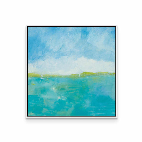 a painting of a blue ocean with a sky background