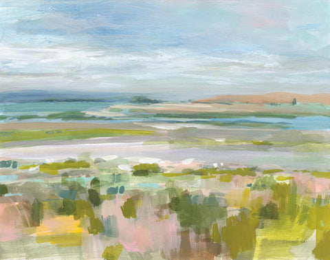 a painting of a landscape with a blue sky in the background