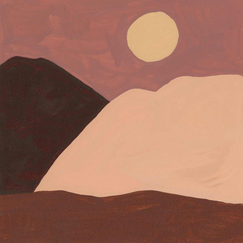 a painting of a mountain with a sun in the background