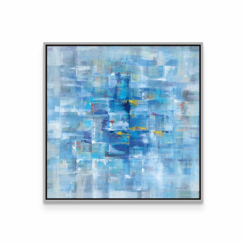 a painting of blue and yellow on a white wall