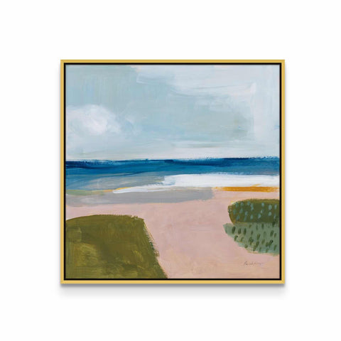 a painting of a beach with a sky background