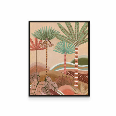 a painting of palm trees in a desert