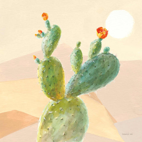 a painting of a cactus with a sun in the background