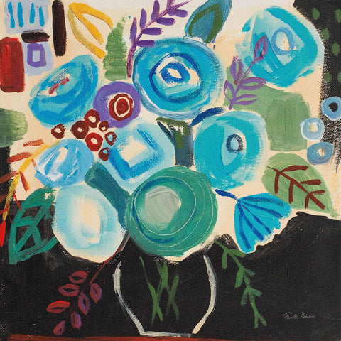 a painting of blue flowers in a vase