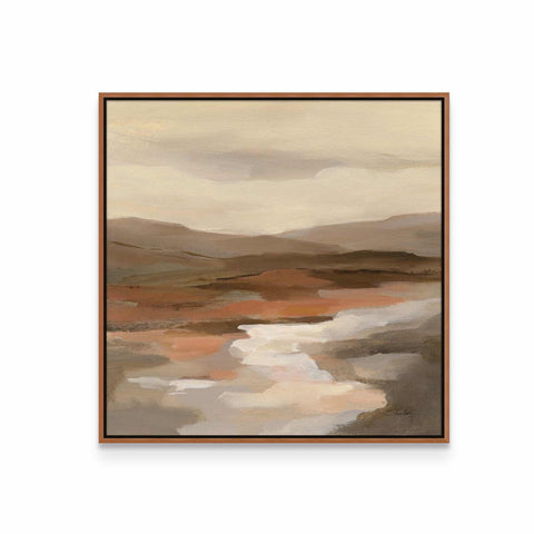 a painting with a brown frame hanging on a wall