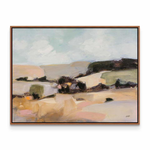 a painting of a landscape with a brown frame