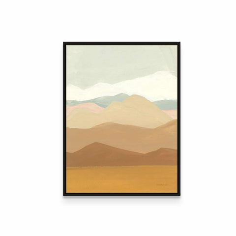 a painting of a desert with mountains in the background