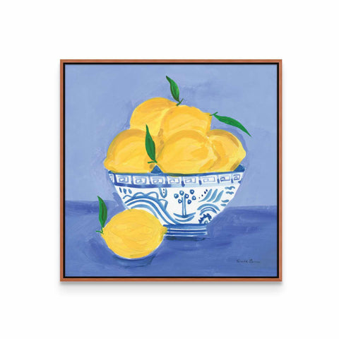 a painting of lemons in a blue and white bowl
