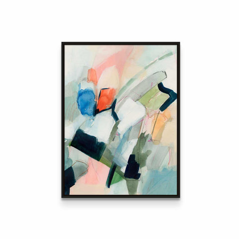 a painting with a black frame hanging on a wall