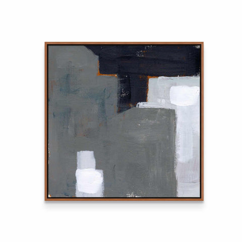 an abstract painting with black, white and grey colors