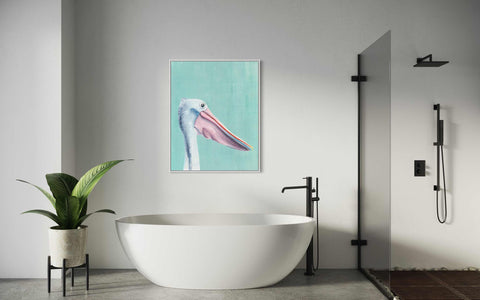 a bathroom with a bathtub and a painting on the wall