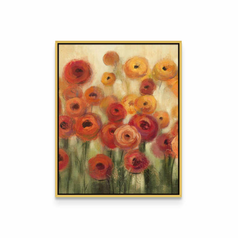 a painting of orange and red flowers on a white background